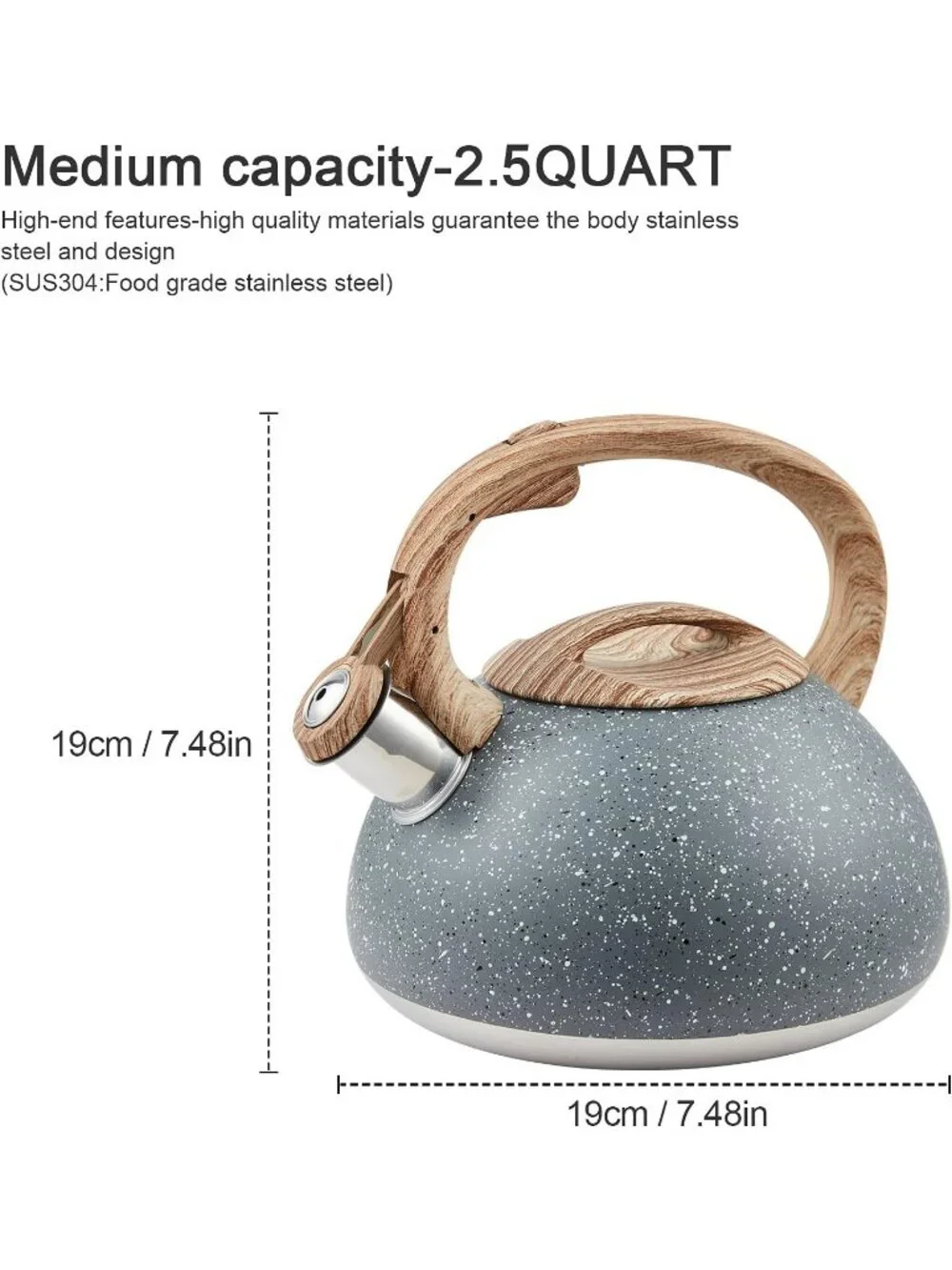 Gray Kitchen Whistling Tea Kettle 2.2 Quart Stainless Steel Stovetop Induction